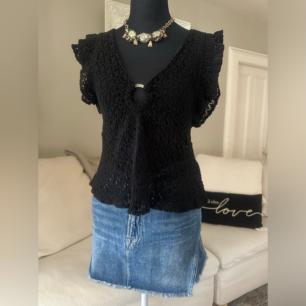 BB Dakota Steve Madden Boho Festival Black Flutter Ruffles Sleeves Top Size S